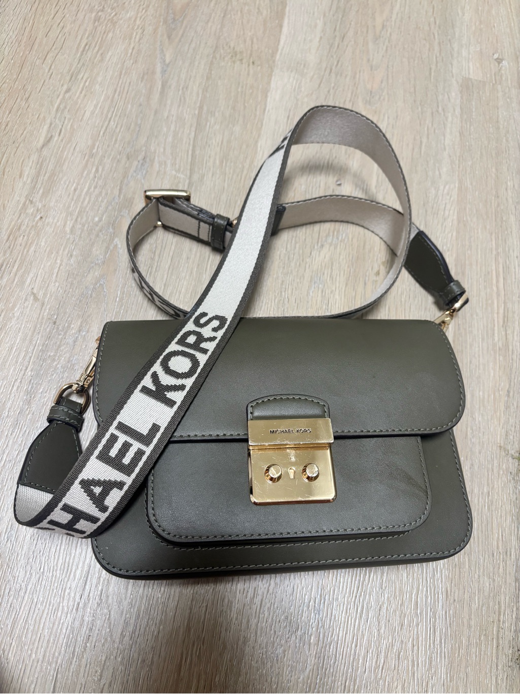 Michael Kors Olive Green Leather Crossbody With Branded Strap